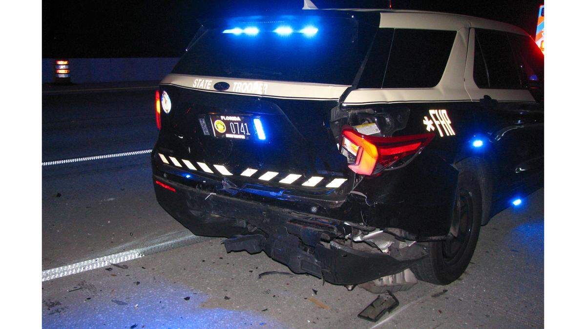 An Ellenton woman is charged with a DUI after crashing into a Florida Highway Patrol SUV along Interstate 75 in Manatee County on Friday, Oct. 20, 2023.