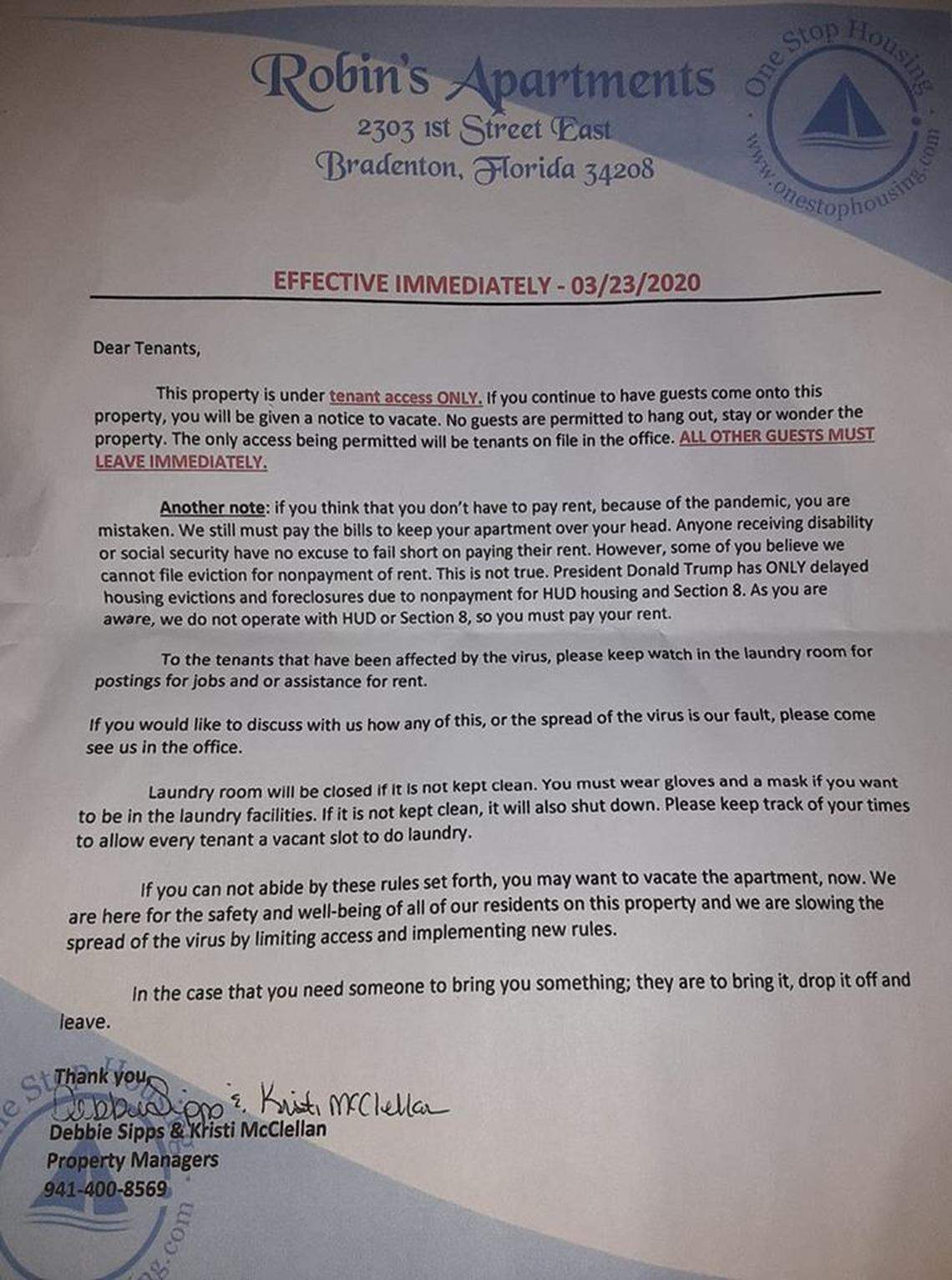 A letter dated March 23 to the low-income residents of Robin’s Apartments is receiving backlash for its lack of sensitivity during the coronavirus pandemic.