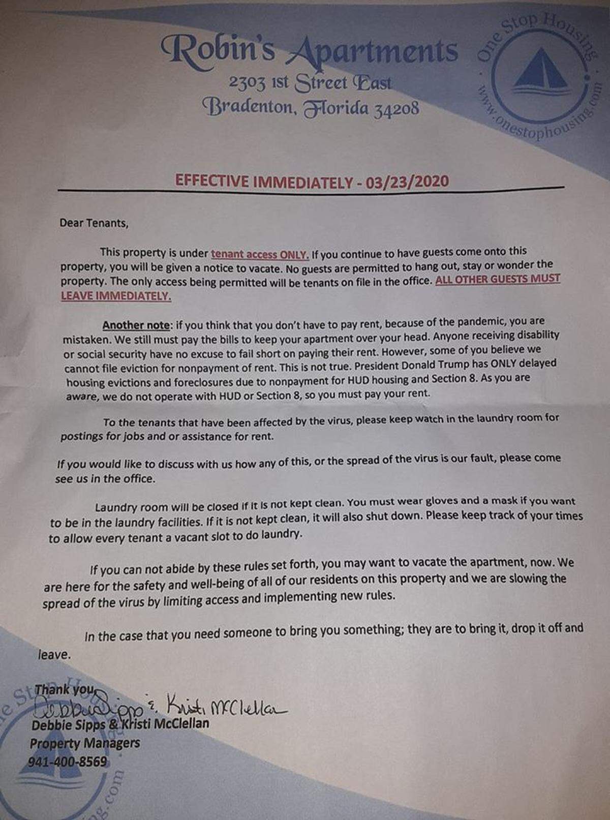 A letter dated March 23 to the low-income residents of Robin’s Apartments is receiving backlash for its lack of sensitivity during the coronavirus pandemic.