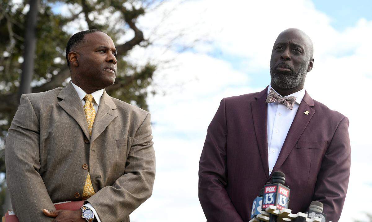 01/06/22—Orlando-based attorney Frank Allen and Eddie Hundley, representing Manatee Concerned Citizens For Justice, at a press conference announcing a lawsuit that could be filed against the school district and the sheriff’s office if they are not held accountable for the arrest of Ja’Quyla Jones, which took place after she recorded a school fight.
