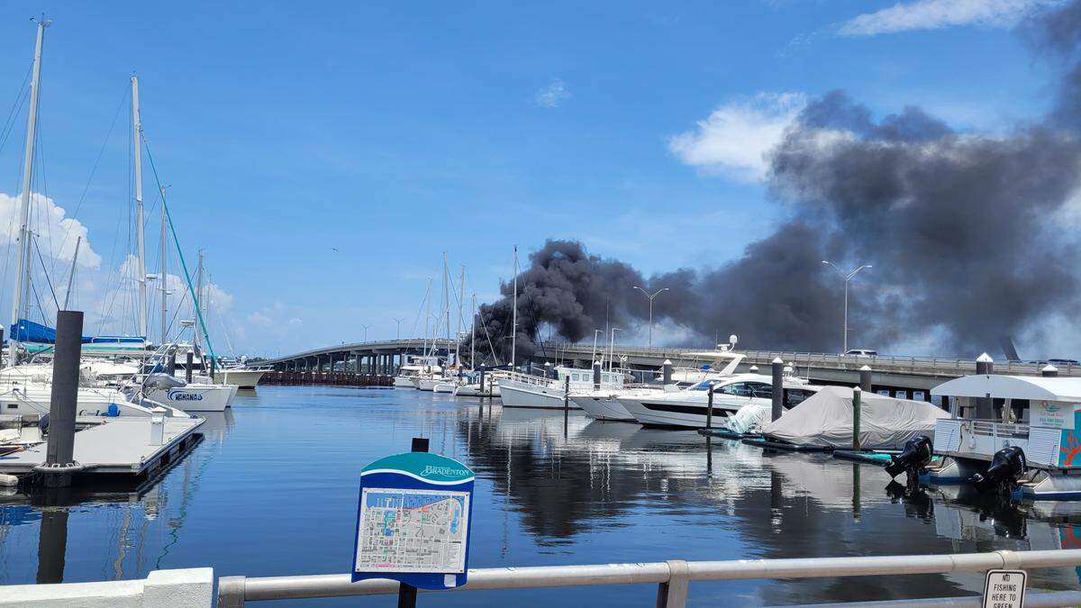 Bradenton Fire Department and City of Bradenton Fire respond to a boat fire at the Twin Dolphin Marina that was reported at about 1:30 on July 14, 2025.