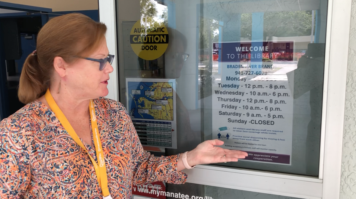 5/21/2021--While Braden River Branch Library will be closed to walk-in visitors during the expansion and renovation construction project, patrons can still take advantage of curbside service. Mary Frueh, assistant library supervisor explains how library staff will deliver items to drivers on the east side of the library.