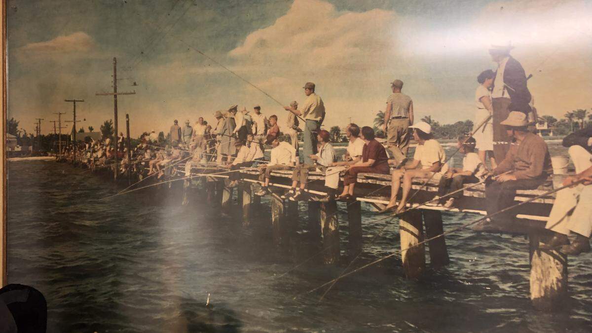 Anglers crowd the Anna Maria City Pier in 1948, hoping to haul in a nice catch during the mackeral run.