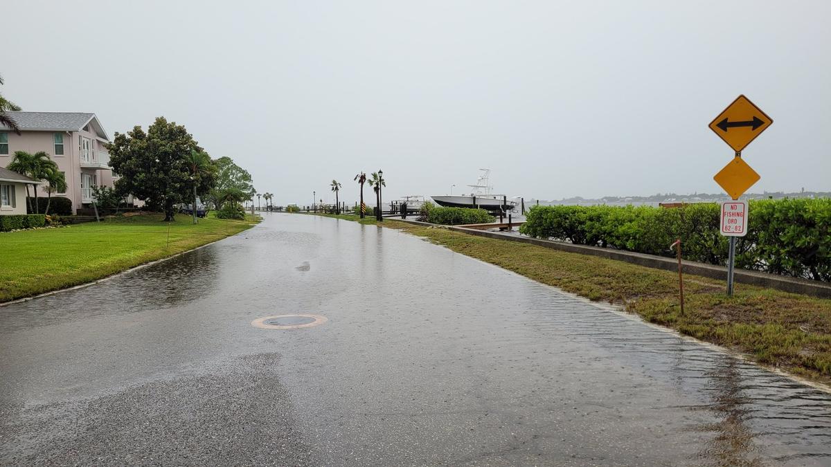 Officials are urging residents of Bradenton and Manatee County to stay inside as Tropical Storm Debby brings flooding to the area on Sunday. Pictured: Flooding along Riverview Boulevard in Bradenton.