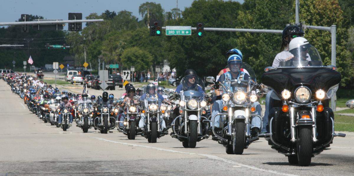 Motorcyclists depart from the Manatee County Sheriff’s Office during a 9/11 Remembrance Ride.  