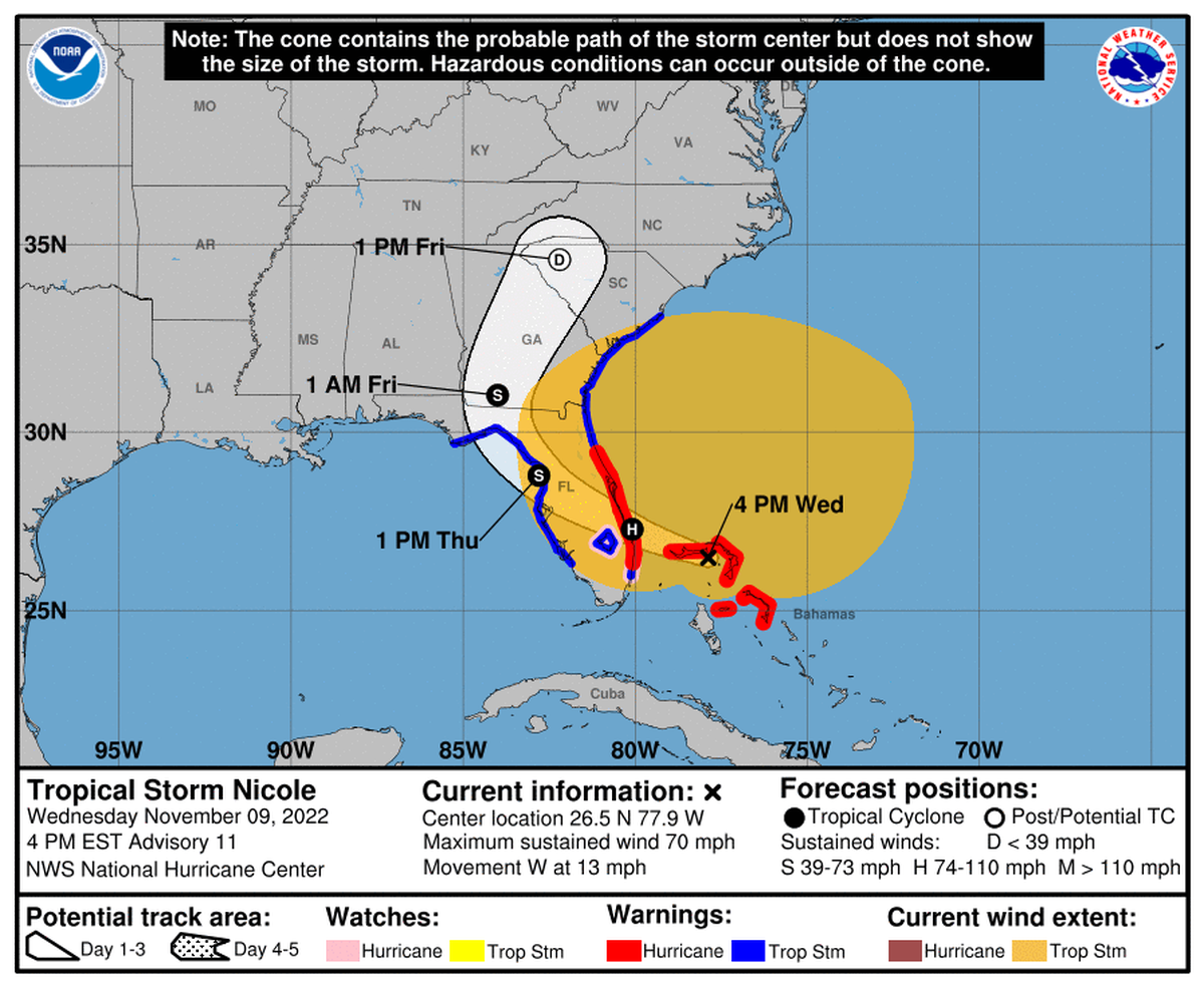Forecast cone for Tropical Storm Nicole as of 4 p.m. Wednesday