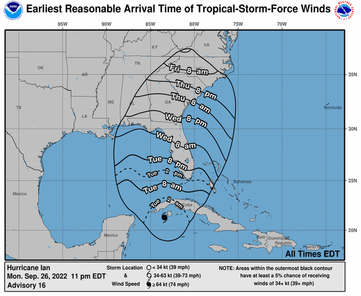 Earliest arrival time of tropical storm-force winds for Hurricane Ian as of 5 p.m. Monday