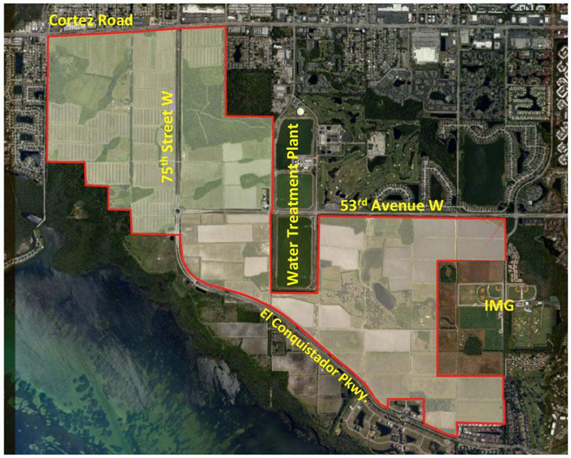 The dimensions of the proposed Lake Flores master-planned community are shown in this map.