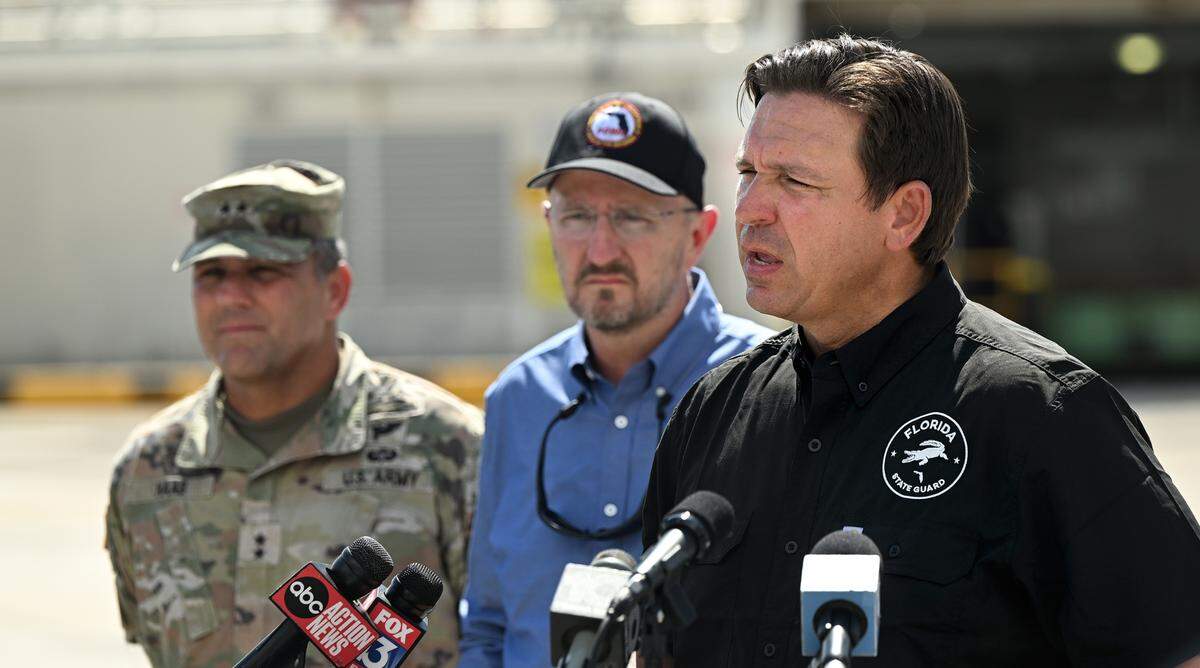 Florida Gov. Ron DeSantis speaks at a press conference at Manatee Memorial Hospital in Manatee County after Hurricane Helene on Sept. 30. DeSantis planned to hold a press conference Friday on Bradenton Beach after Hurricane Milton.
