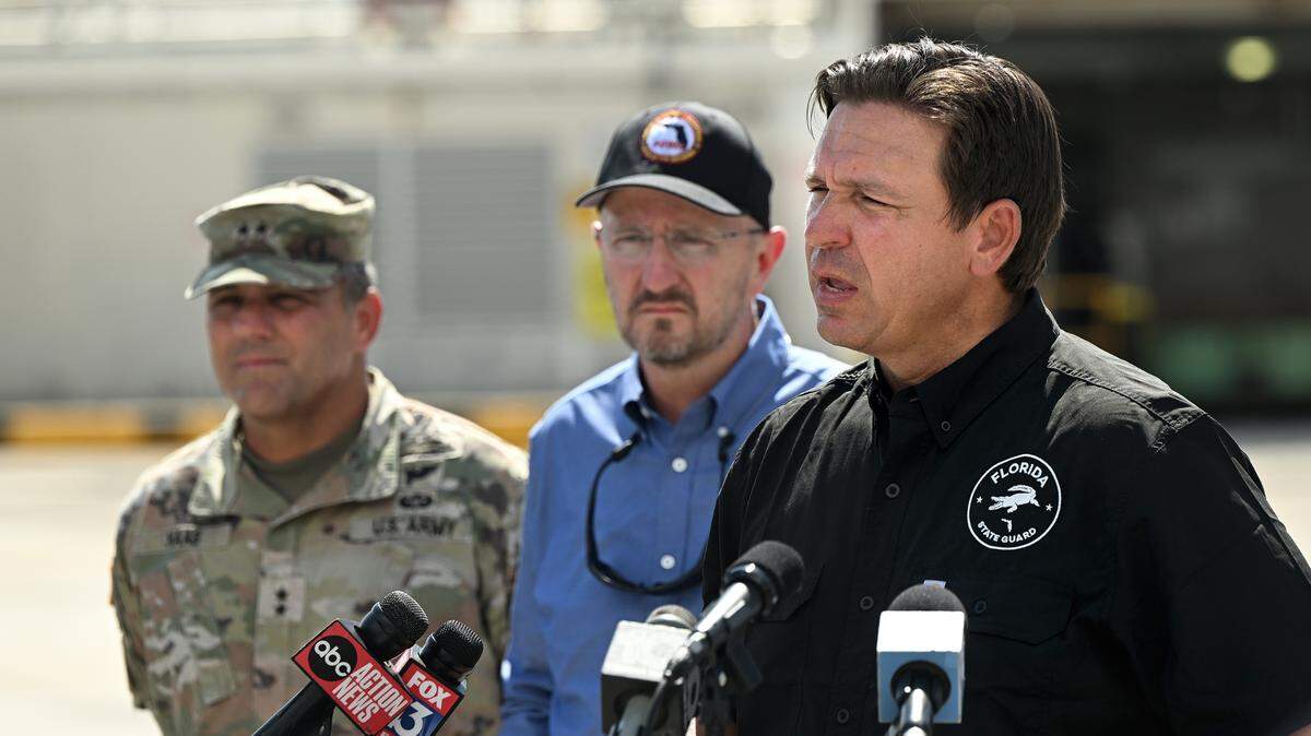 Florida Gov. Ron DeSantis spoke at a press conference at Manatee Memorial Hospital in Manatee County on Monday, Sept. 30, 2024. Florida Division of Emergency Management deployed a Tiger Dam around sections of the hospital before the arrival of Hurricane Helene.