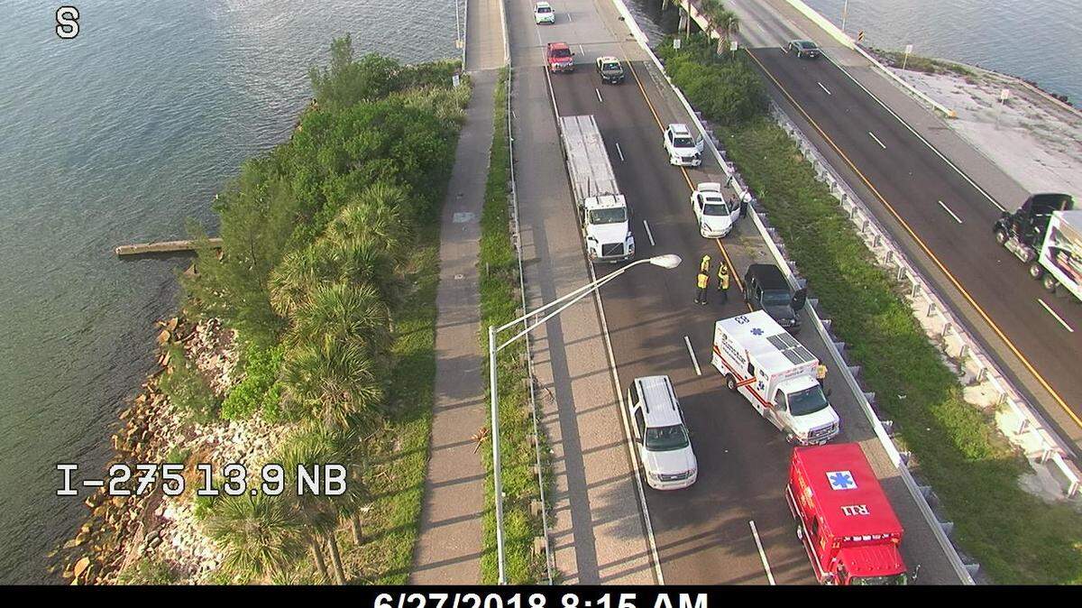 The inside lane of Interstate 275 north was blocked due to an injury crash early Wednesday morning. Traffic was backed up over the Sunshine Skyway Bridge.