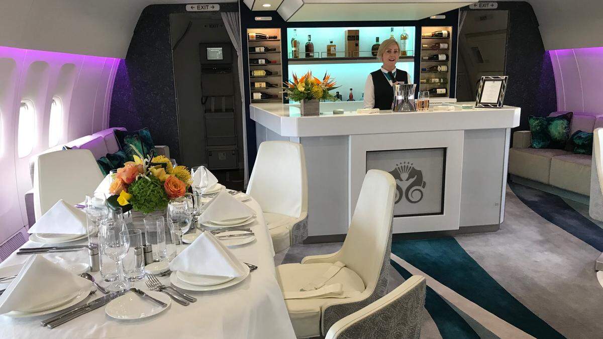 The Crystal Skye Boeing 777-200LR comes with amenities not often found on aircraft, including a full bar, lounge, and linen dining service.