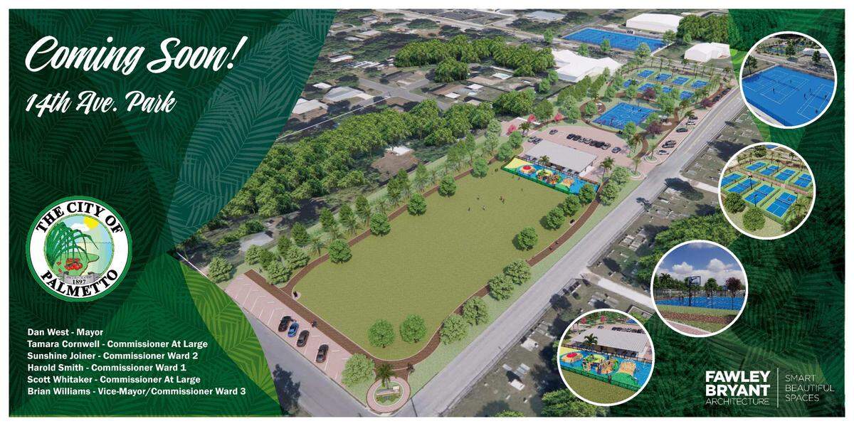 A rendering of the new 14th Ave. Park in Palmetto. It will feature eight pickleball courts, a basketball court, pavilion, playground, grass field and four tennis courts.