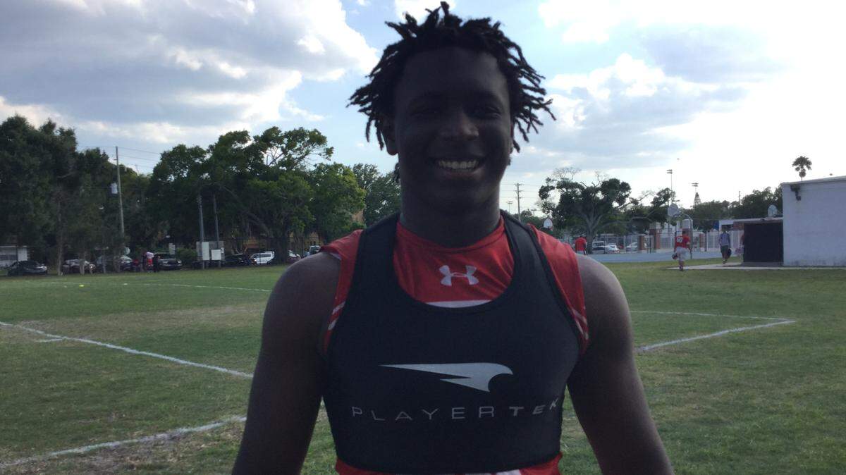 Manatee High's Justin Porter wears the PlayerTek by Catapult GPS tracking system, which monitors player movement, energy output and other variables that coaches analyze for better athletic performance.