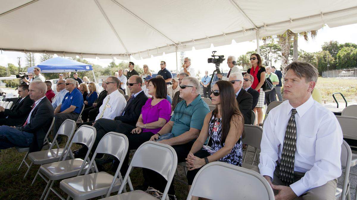 About 50 people turned out fro the invitation-only groundbreaking for the new control tower at SRQ International Airport on Friday. MATT M. JOHNSON/Bradenton Herald