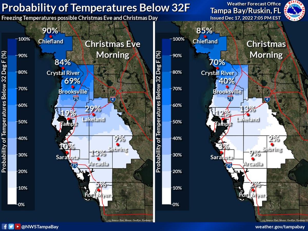 Estimates for probability of temperatures below freezing over Christmas weekend as of Dec. 17.