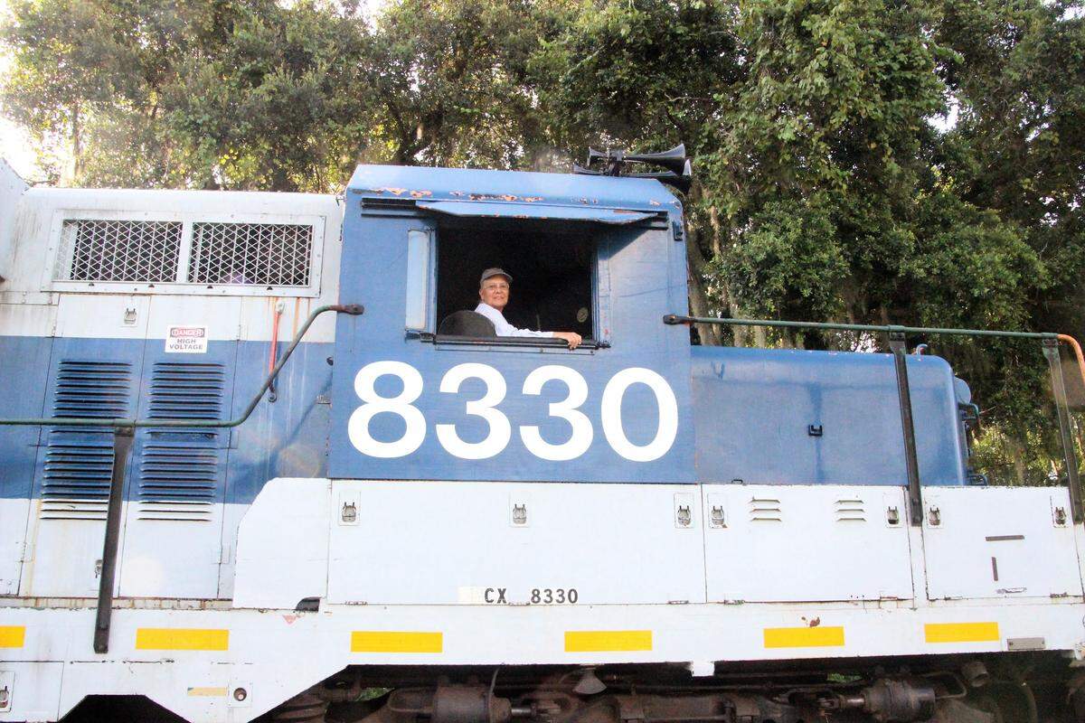 Karen Apfel drove the locomotive used in Thursday's groundbreaking for the Florida Railroad Museum. She is a volunteer at the museum. Earlier in her life, she was a school bus driver.