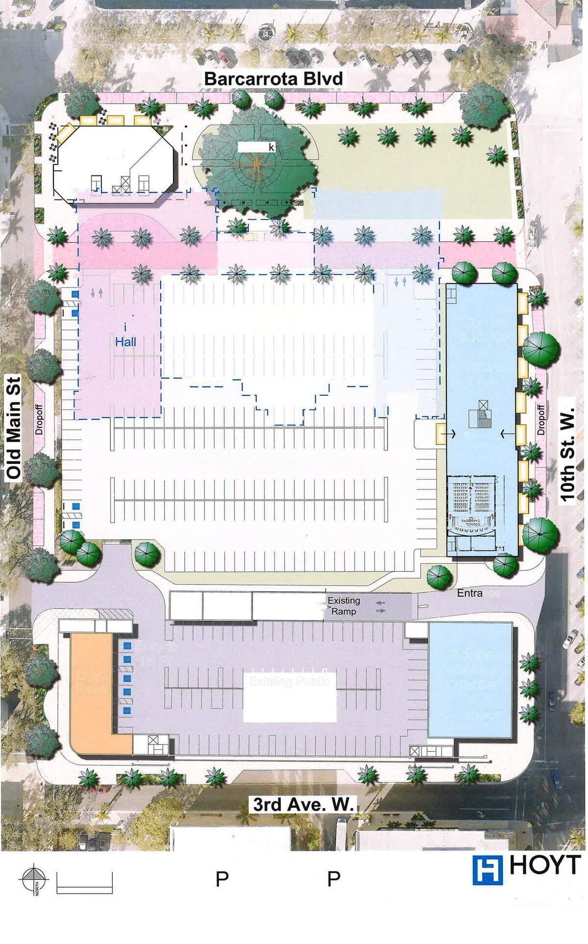 A rendering shows where a new city hall could be built, identified as the blue rectangular building along Tenth Street West. 