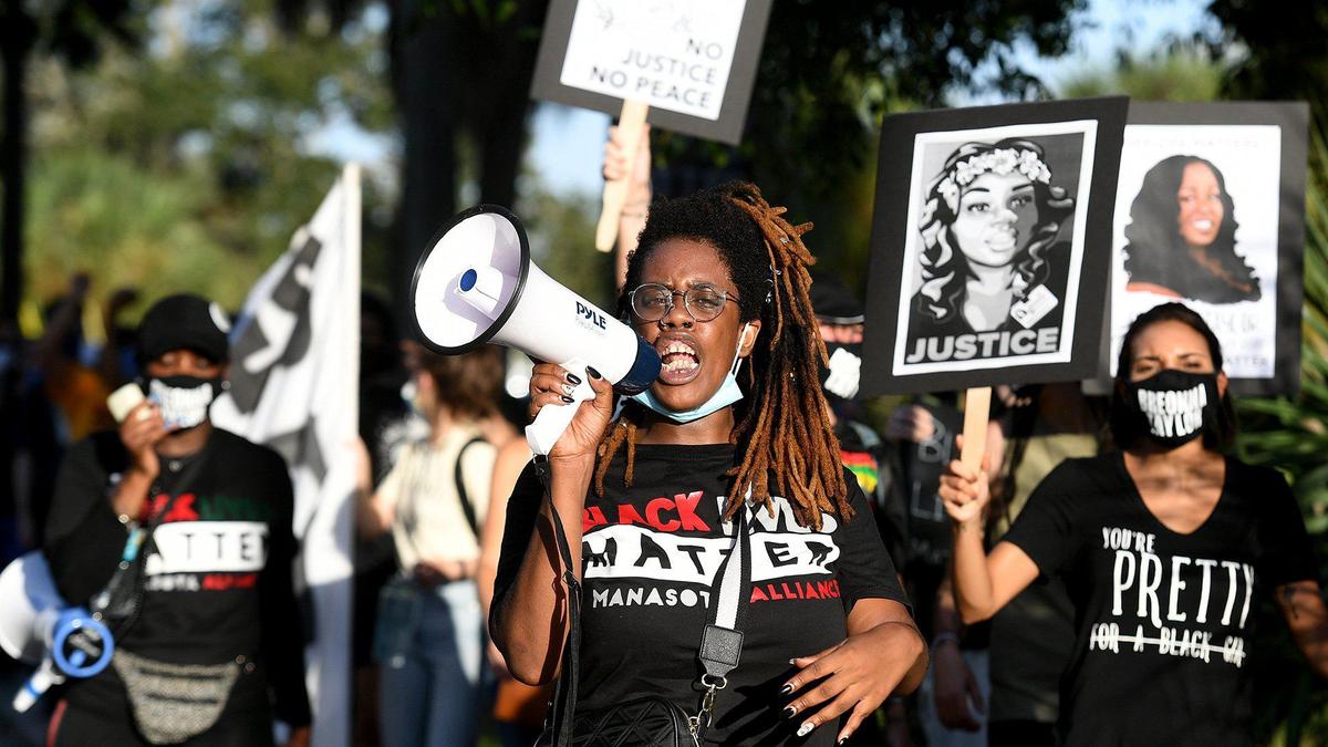 Marchers chant during a Black Lives Matter Sarasota-Manatee Alliance protest march in Bradenton.