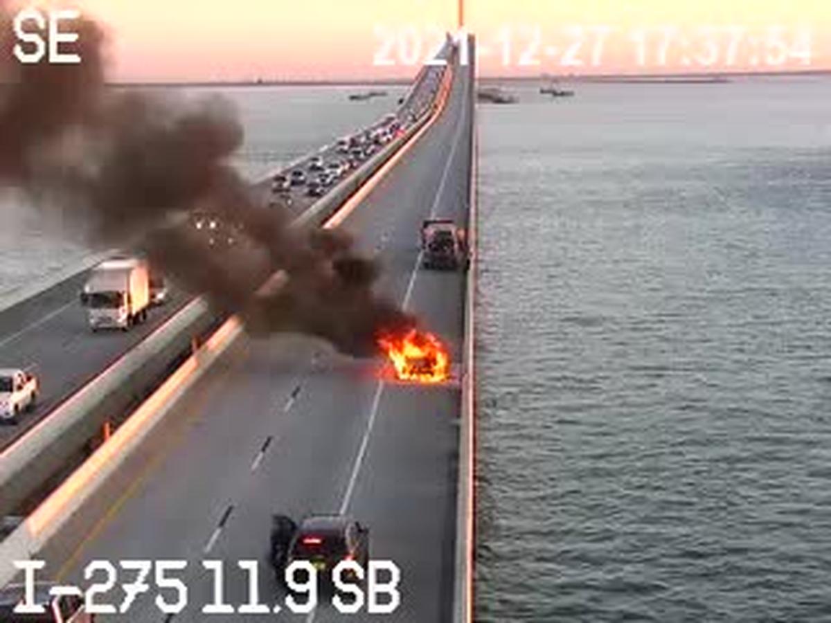 12/27/21--A vehicle fire caused lane closures on the Sunshine Skyway Bridge.