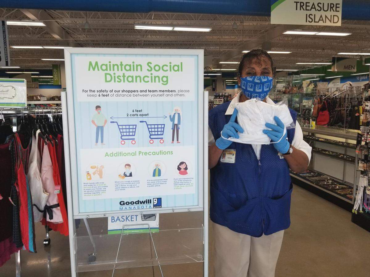 Goodwill team member Carman Gretch is ready to distribute masks at Goodwill’s corporate campus retail location.