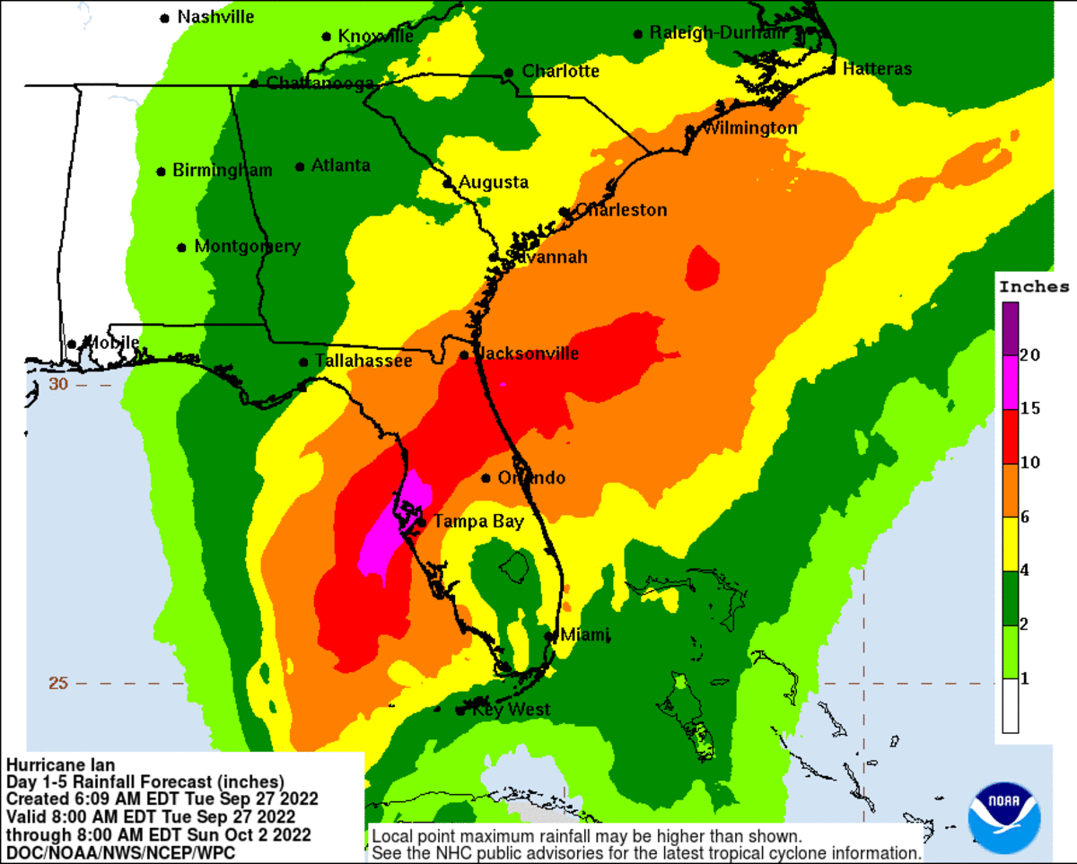 Rainfall forecast for Hurricane Ian as of 8 a.m. Tuesday
