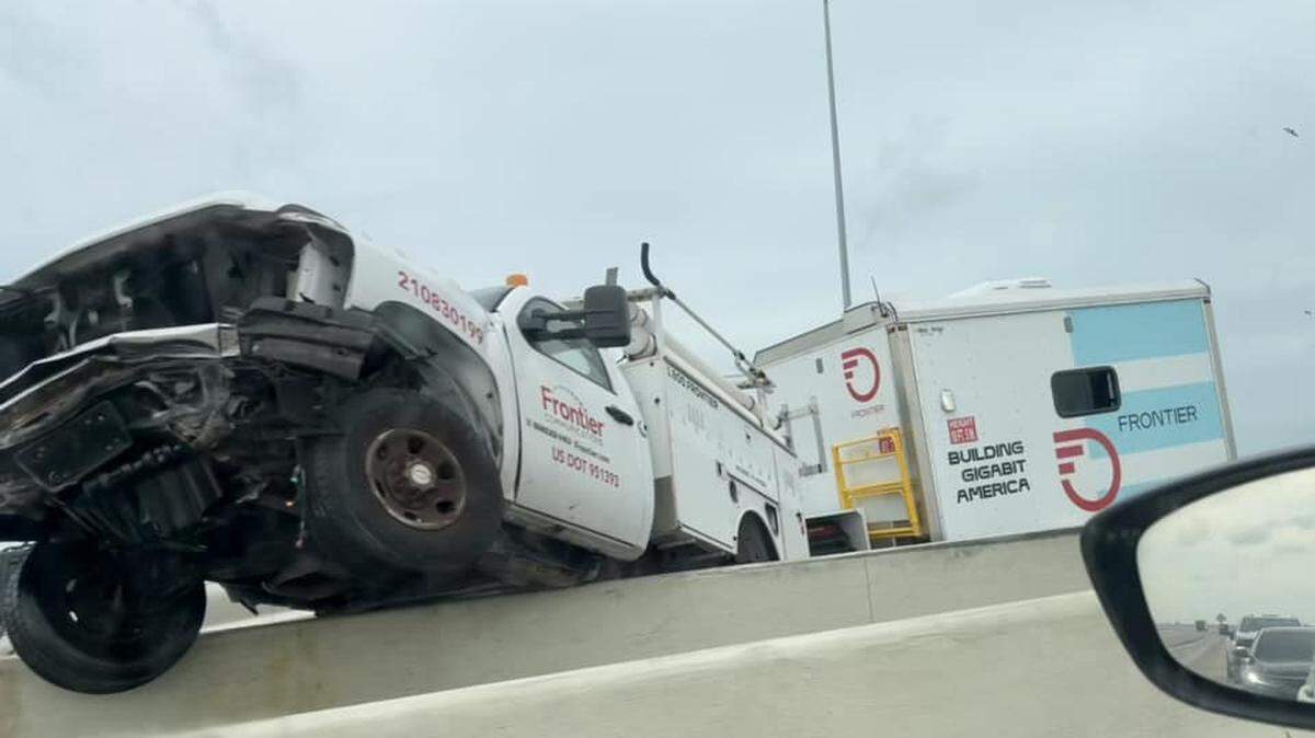 A crash on the Sunshine Skyway Bridge ended with a Frontier Internet truck nearly going over the edge on Friday, June 16, 2023.