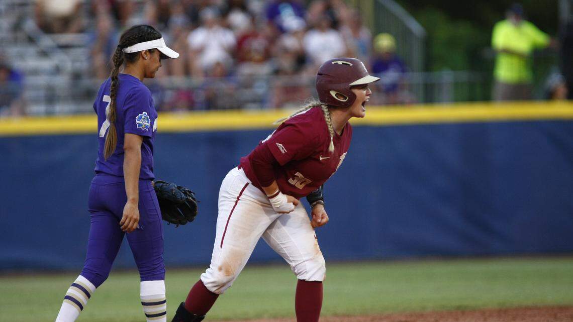 Florida State's Jessie Warren made a game-saving catch to preserve the Seminoles' 1-0 victory over Washington to open the best-of-three championship series at the Women's College World Series in Oklahoma City, Okla., on Monday, June 4, 2018. Warren is seen here after one of her doubles in the game.