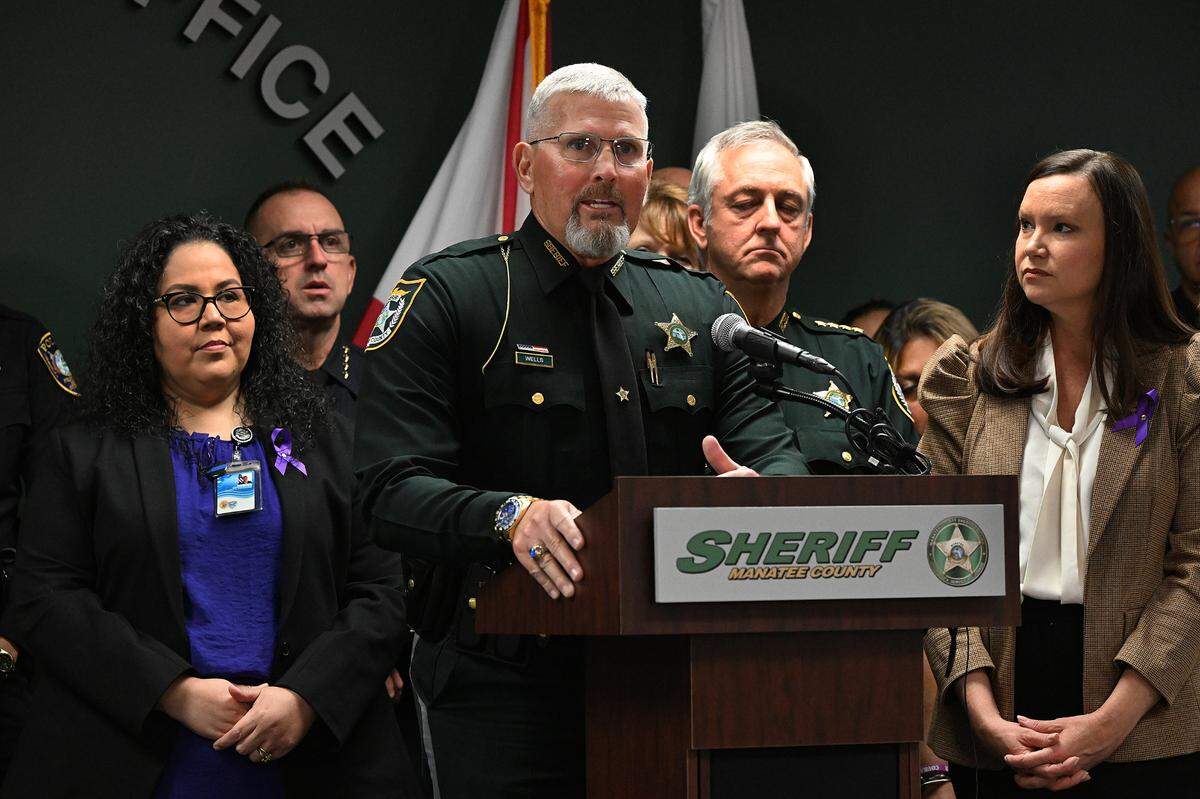 Manatee County Sheriff Rick Wells voices his support of the expansion of Project Protect announced by Florida Attorney General Ashley Moody. The project is a state-sponsored program that provides doorbell cameras to victims of domestic violence, stalking, human trafficking and sexual violence to provide safety to victims and a way to collect evidence to convict offenders on Thursday, Oct. 12, 2023.