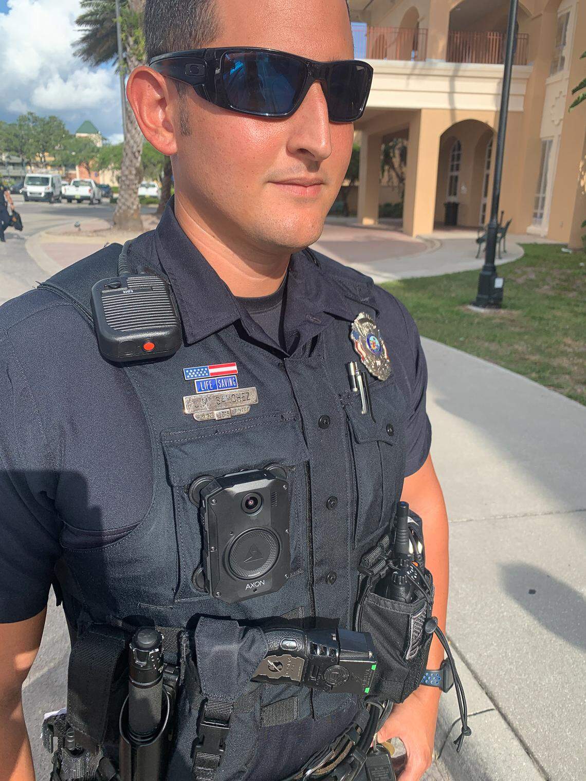 Bradenton Police officer Joshua Sanchez wears an Axon body-worn camera as the department tests and evaluates the equipment.