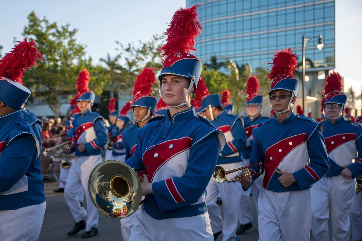Members of the Manatee High School Marching Band perform during the 2018 DeSoto Grand Parade in Bradenton.