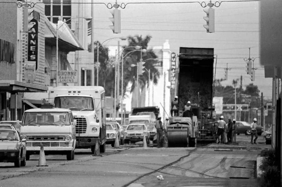 City streets have rapidly developed over the decades in Bradenton. This 1977 photo shows the paving of Manatee Avenue.