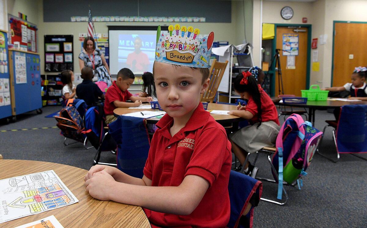 Braedyn Holman got to celebrate his birthday at Seabreeze Elementary School on the first day of school for Manatee County students.
