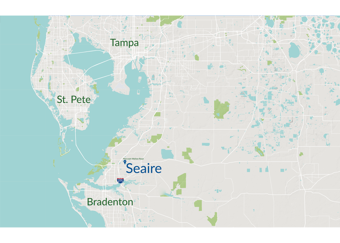Map showing Seaire’s location in relation to Bradenton, St. Petersburg and Tampa.