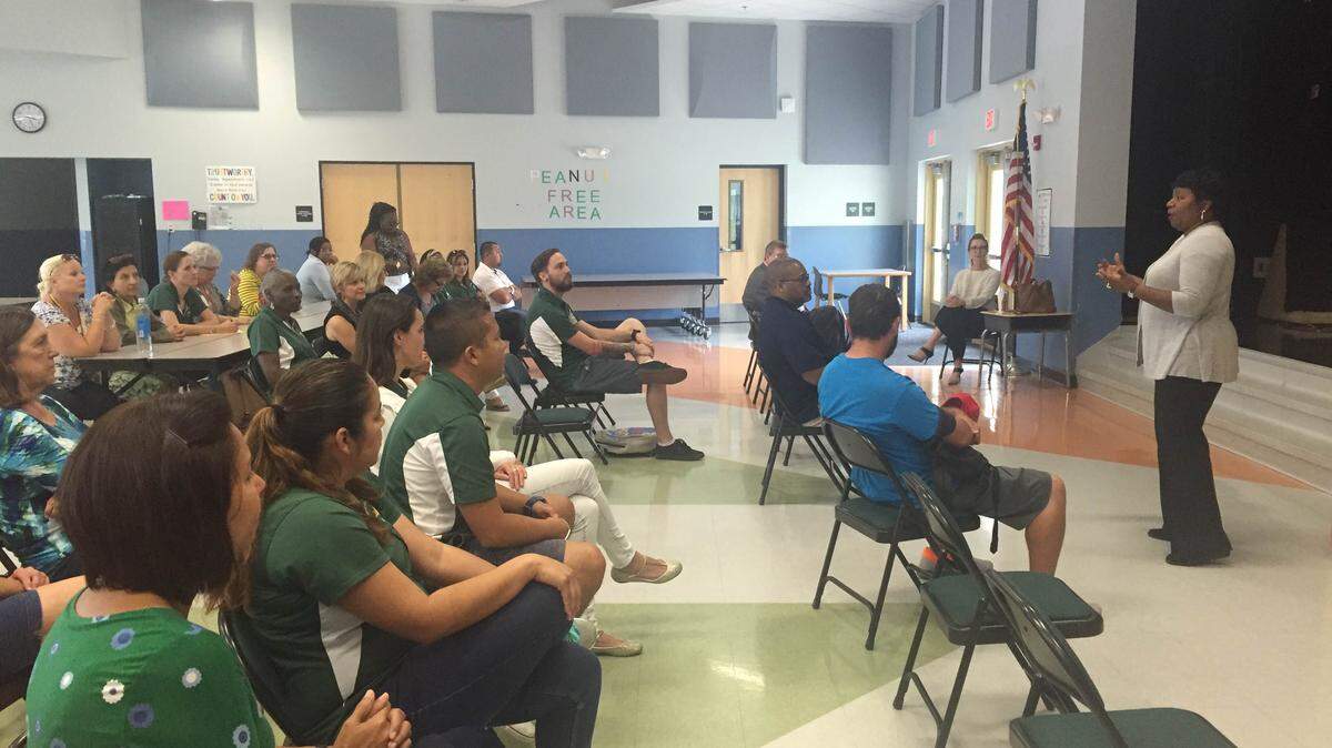 Manatee County School District Superintendent Diana Greene speaks to teachers and staff at Rogers Garden Elementary School as the district moves forward with a plan to move some students from Orange Ridge-Bullock Elementary into Rogers Garden. MEGHIN DELANEY / Bradenton Herald