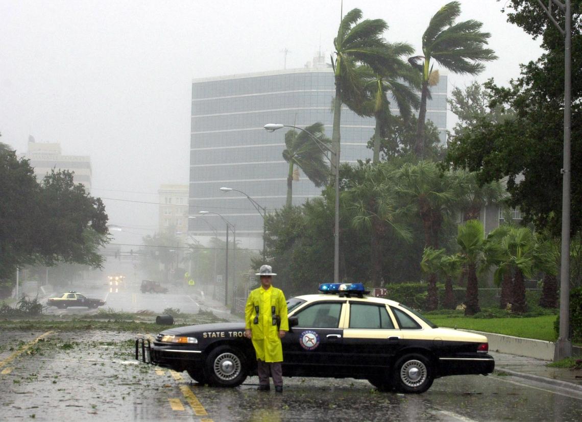 In ghios 2001 file photo, Florida Highway Patrol troopers blocked off sections of Manatee Ave. West as Tropical Storm Gabrielle passed through Bradenton.