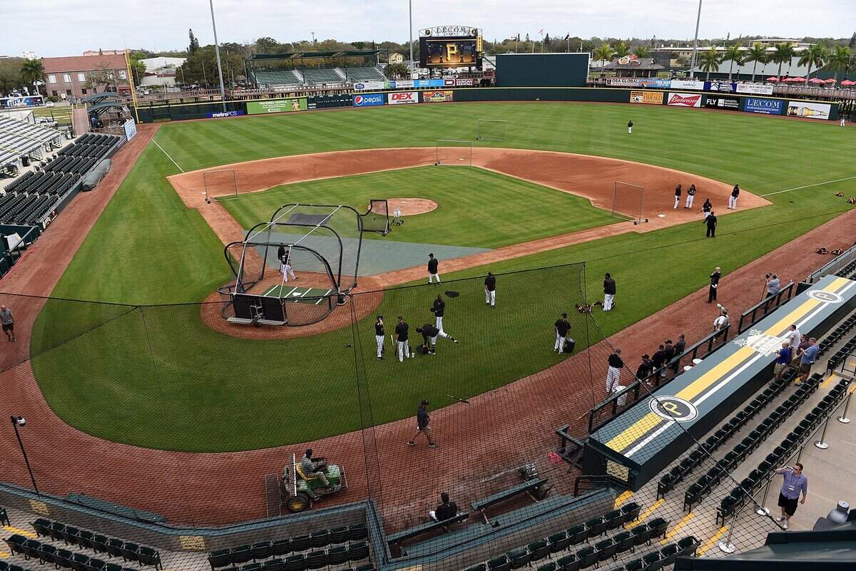2017--Players practice on the field for the Pittsburgh Pirate’s Spring Training season opener at LECOM Park in 2017.