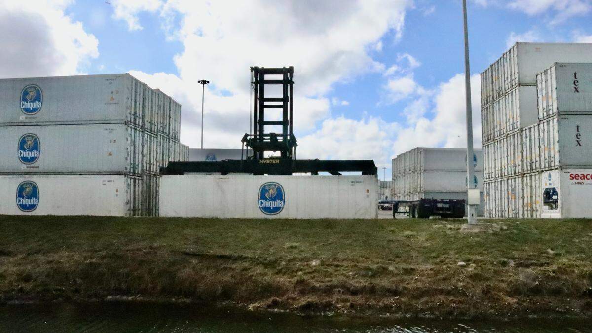 Shipping containers used to bring Chiquita bananas to the SeaPort Manatee are shown on 2/17/2022. The containers will be returned to ships and to Central America for fresh imports.