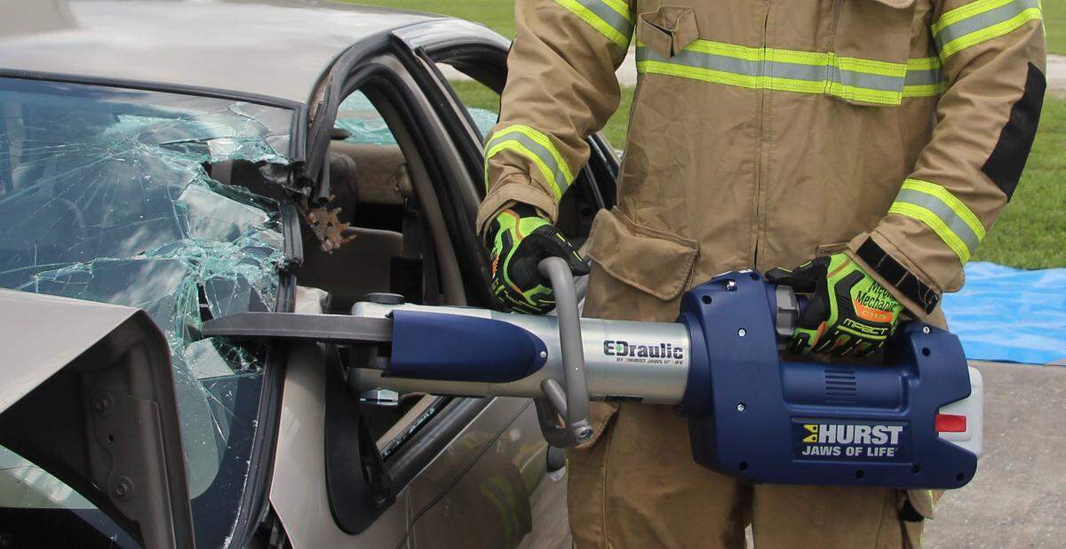 The Jaws of Life made quick work of a car’s door frame, slicing easily through metal and glass at the Parrish Fire District.