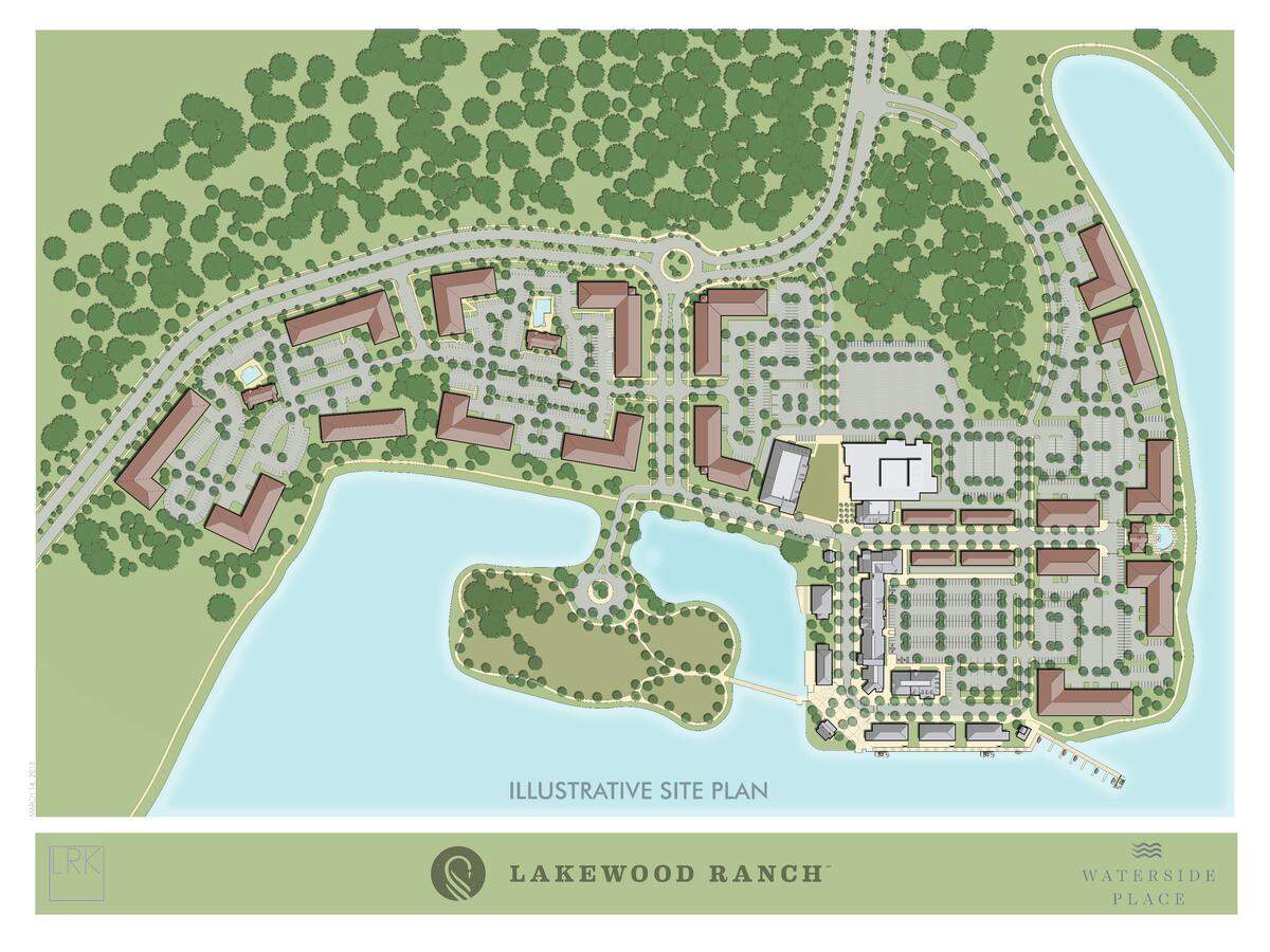 An artist’s rendering of what Lakewood Ranch Waterside Place will look like.  The town center is planned as a vibrant retail and commercial center with apartments, restaurants, retail shops, and professional offices, all within walking distance to Waterside residences.