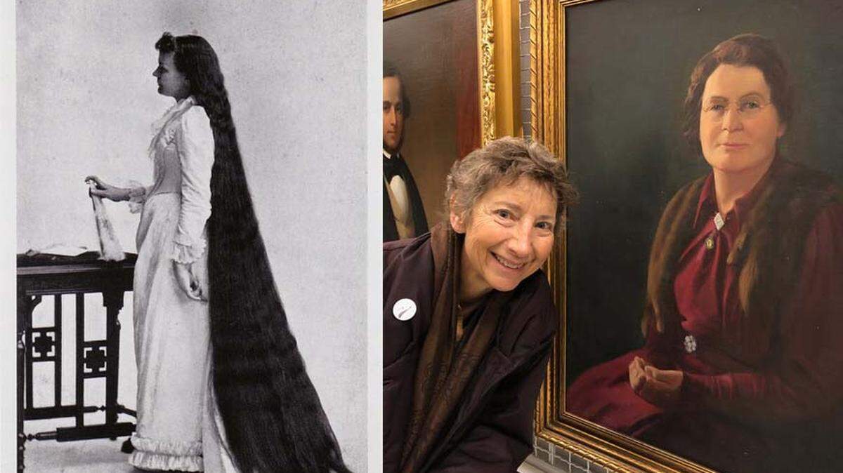 Author Jane Plitt, center, is shown with a portrait of Martha Matilda Harper. Plitt has produced a documentary based on her book, “Martha Matilda Harper and the American Dream: How One Woman Changed the Face of Modern Business.” The book tells the story of a former servant girl, left, who invented business franchising.