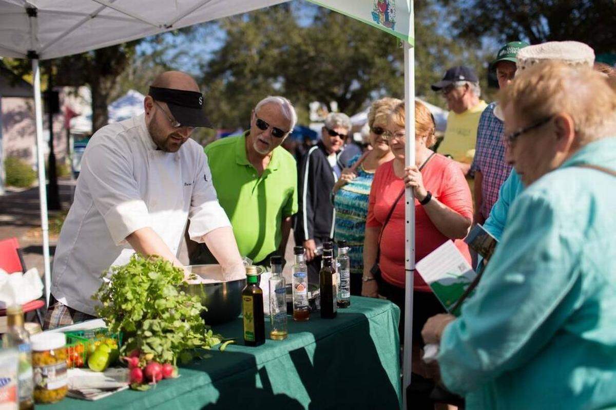 Chef Dana Johnson, owner of Sugar Cubed Pastry Lab in downtown Bradenton, gives a cooking demonstration at a past Bradenton Farmers’ Market.