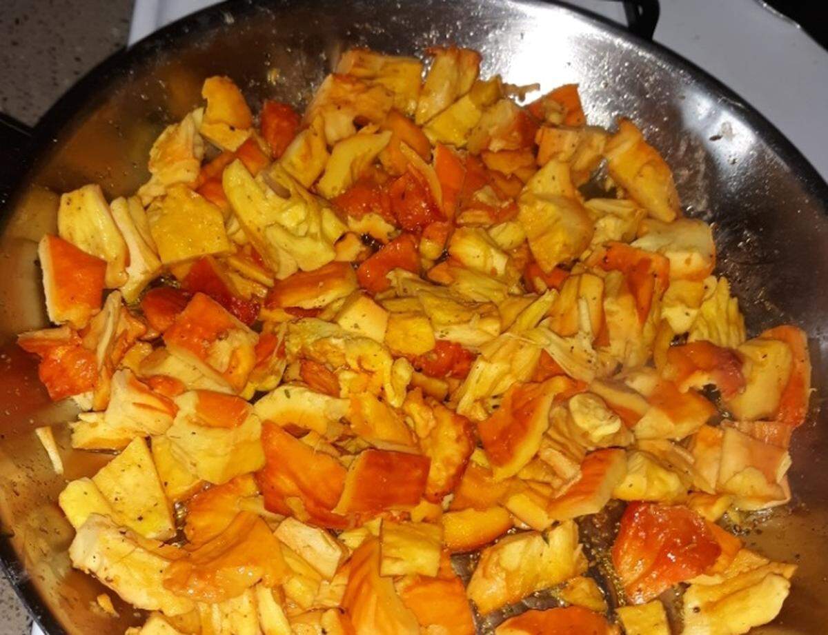 Chicken of the woods mushrooms seasoned and fried in olive oil for a tasty meal.