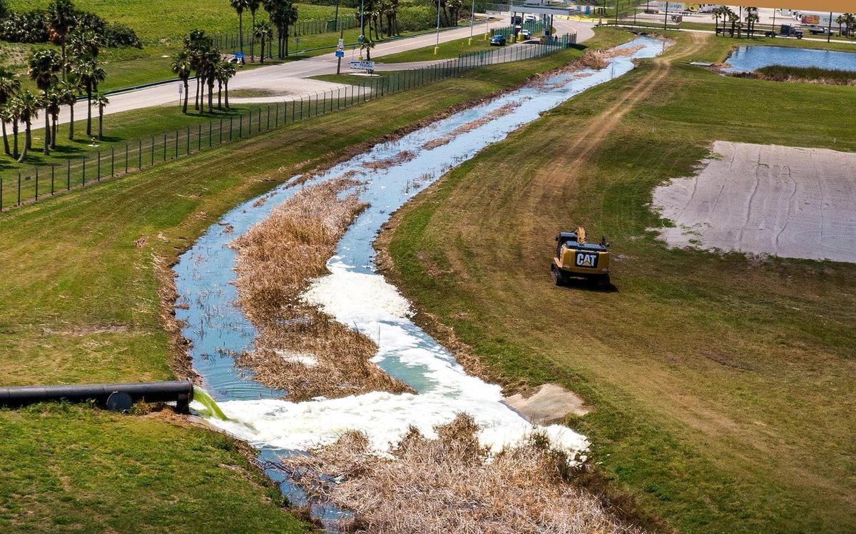 Water is being pumped out of the South Pond of Piney Point and being released into Port Manatee on Wednesday, April 7, 2021, after a breach at the former phosphate plant. The breach at a wastewater reservoir had threatened surrounding areas in Manatee County with severe flooding.