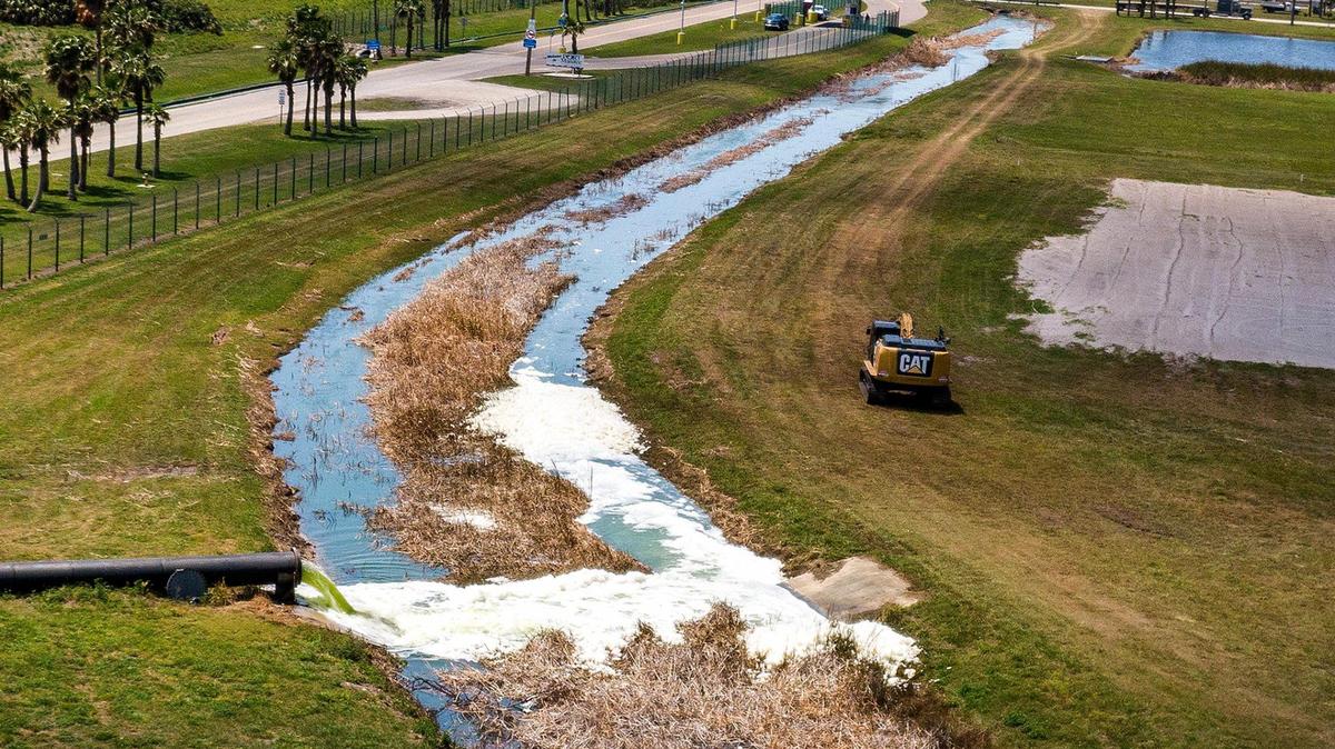 View of water been pumps out of the South Pond of Piney Point being released into Port Manatee after a water breach at the former phosphate plant, where breached wastewater reservoirs had threatening the surrounding areas with severe flooding in Manatee County on Wednesday, April 07, 2021.