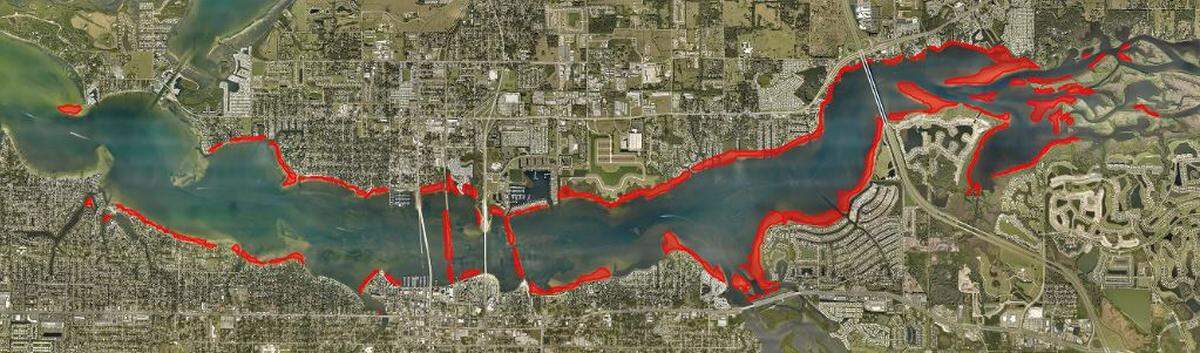 A map from Manatee County’s Parks & Natural Resources Department details the areas that may be used as oyster restoration sites.