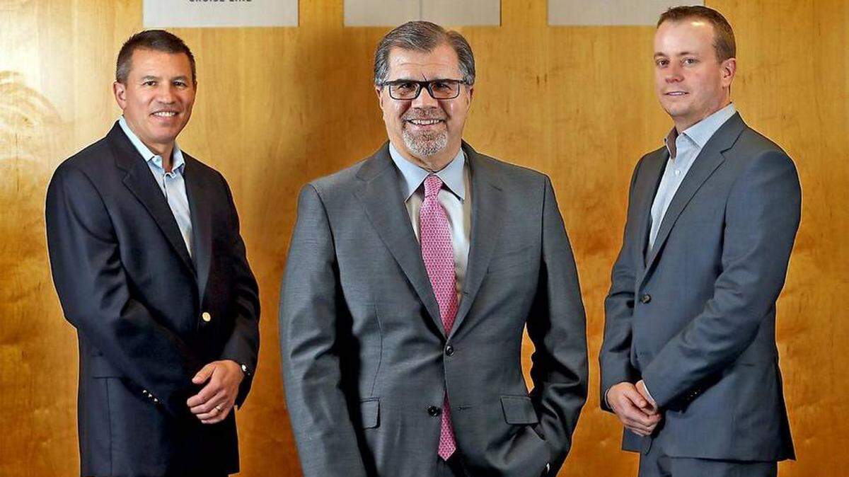 Now in charge: The three new executives on top at Norwegian Cruise Line Holdings are, from left, Norwegian Cruise Line president and chief operating officer Andy Stuart; parent company president and CEO Frank Del Rio and Jason Montague, president and chief operating officer of Prestige. PATRICK FARRELL MIAMI HERALD STAFF