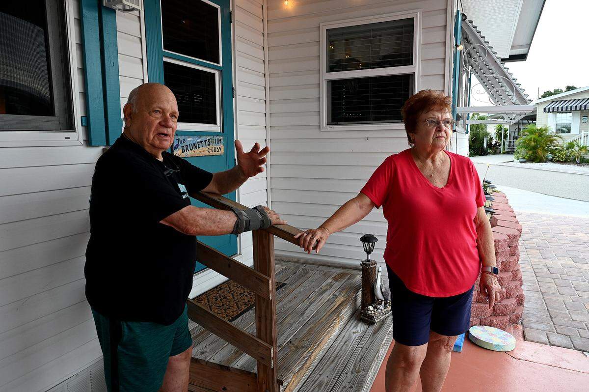 Jim and Judy Brunett prepare to evacuate from Trailer Estates as Hurricane Idalia approaches on August 29, 2023.