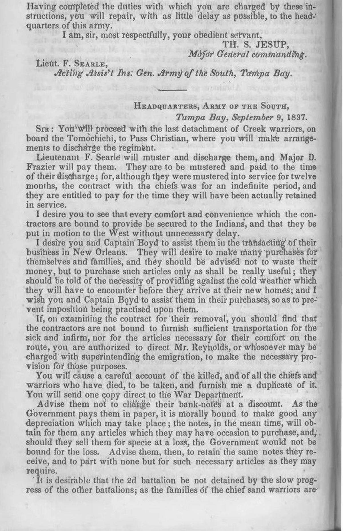 A copy of a Seminole War letter from 1837 identifying Tampa as Tampa Bay.