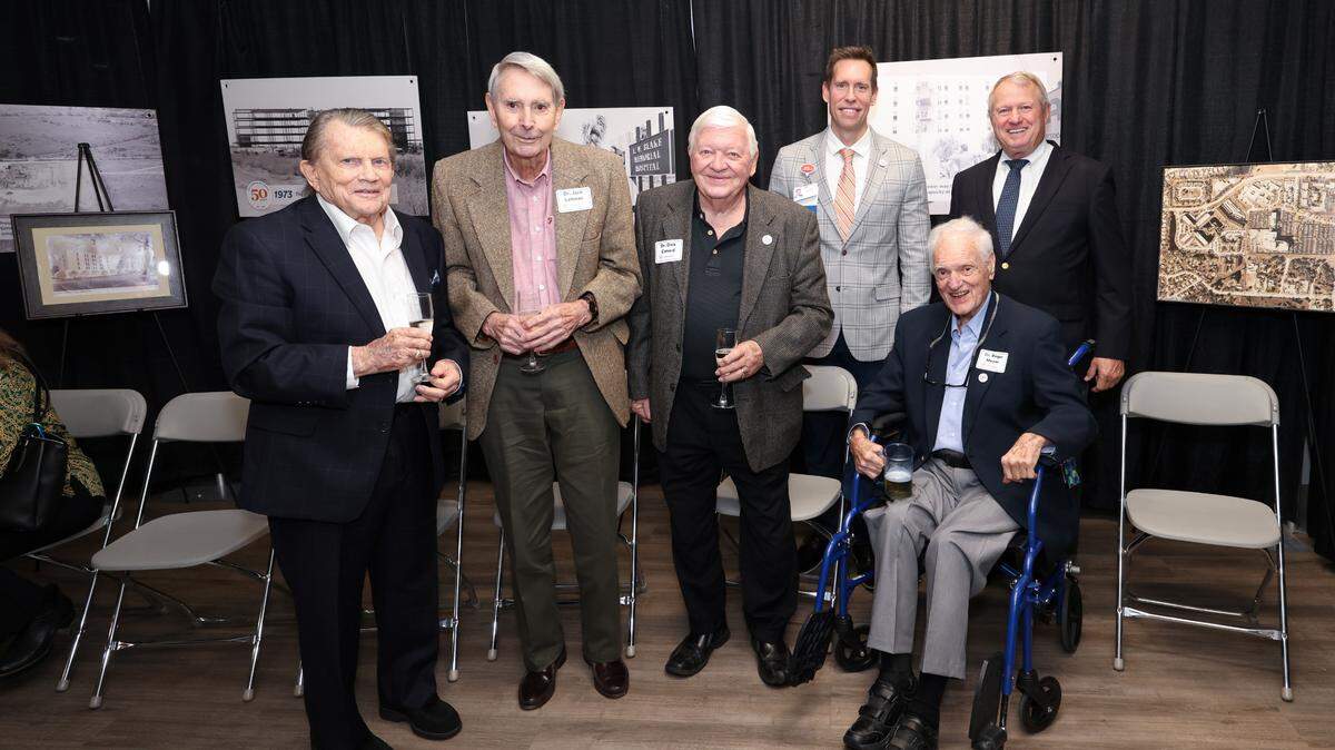The founding physicians of what is today HCA Florida Blake Hospital met recently to toast the 50th anniversary of the hospital. Shown left to right, front, are Dr. Preston Whaley, Dr. Jack Lehman, Dr. Dick Conard and Dr. Roger Meyer. In the second row are current CEO Steve Young and former CEO Dan Friedrich.
